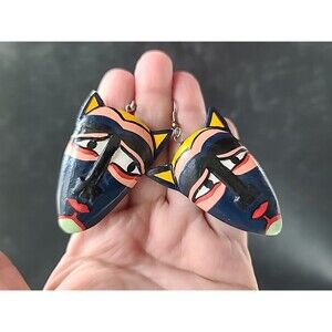 Painted Wooden Dangling Cat Face Earrings Vintage Costume Jewelry New Old Stock